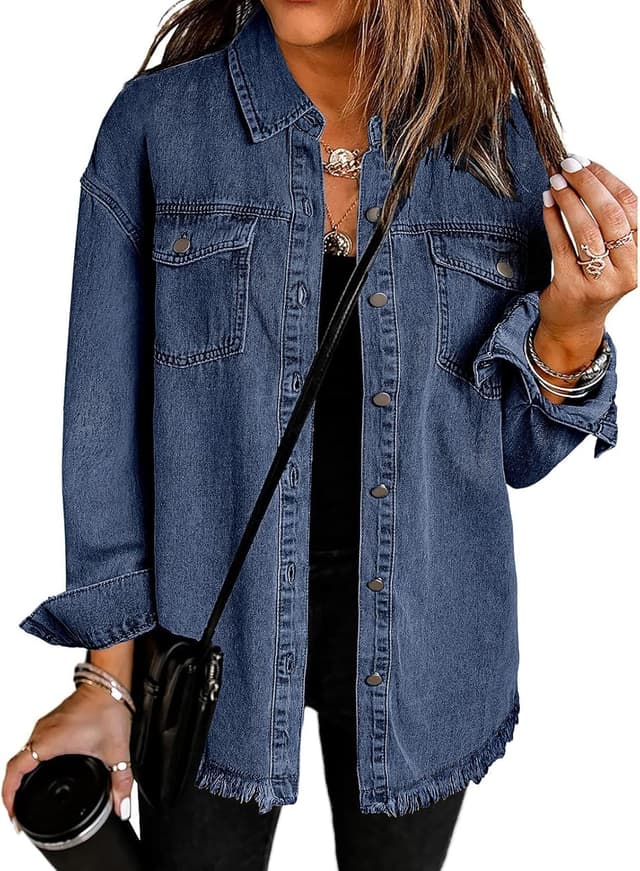 Detalle de Vetinee Women’s Oversized Button-Up Frayed Hem Shacket Denim Jacket