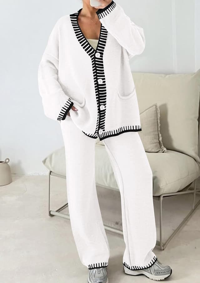 Detalle de PRETTYGARDEN Women’s Lounge Set (2-Piece) with Cardigan Sweater & Wide-Leg Pants