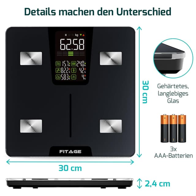 Detalle de Digitale Personenwaage „Testsieger 2025“ – Körperanalysewaage bis 225 kg mit App & 17 Messwerten (Schwarz)