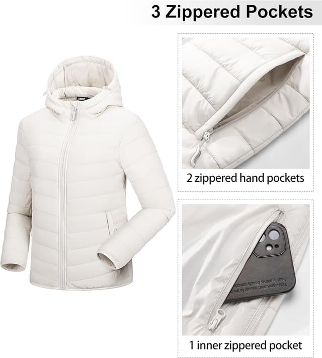 Detalle de Outdoor Ventures Women’s Winter Lightweight Puffer Jacket with Hood – Packable, Quilted & Warm for Travel