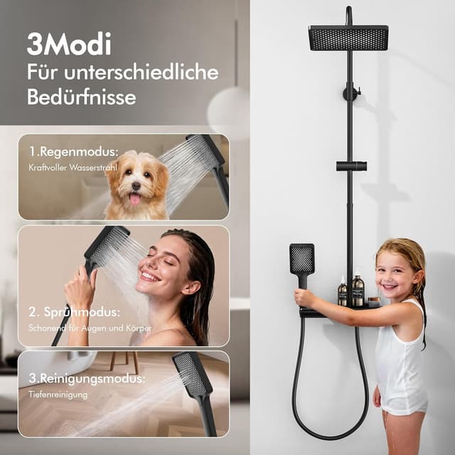 Detalle de HOMELODY Duschsystem mit Thermostat, Glasablage und 30×20 cm Kopfbrause (schwarz) – Komplettset mit 3 Strahlarten