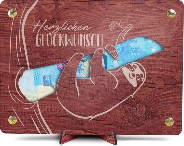 Detalle de Faultier XL Geldgeschenk aus Holz inkl. Ständer (20 x 15 cm) – mit Grußkarte und Schrauben