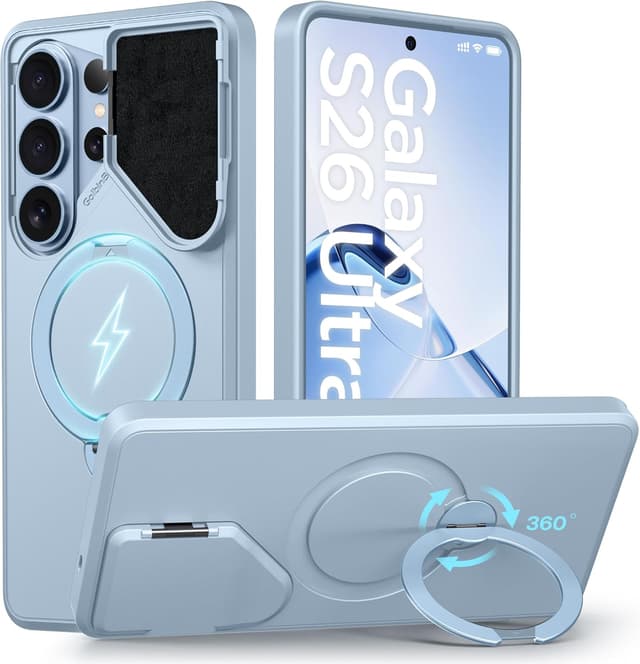 Detalle de GolbinBox 360 Adjustable Magnetic Stand Case for Samsung Galaxy S26 Ultra (Cream Blue) — Flip Camera Cover & Matte Anti-Slip Grip