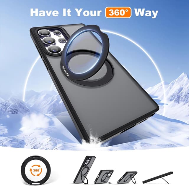 Detalle de Zalinbo for Samsung Galaxy S25 Ultra Case with 360° Rotatable Magnetic Ring Stand (Mag-Safe Compatible) - Black