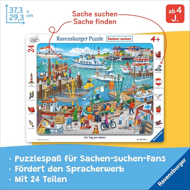 Detalle 2 de Ravensburger Kinderpuzzle 06152 „Ein Tag am Hafen“ – Rahmenpuzzle mit 24 Teilen ab 4 Jahren