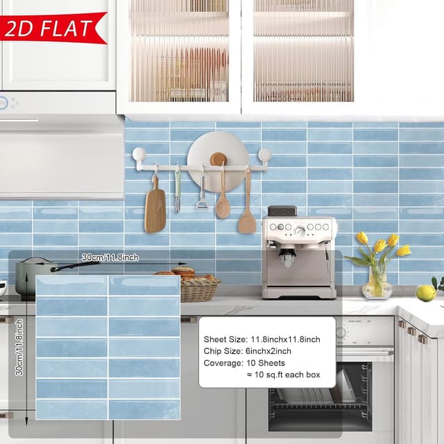 Detalle de TOARTi 10 Sheets 2D Self Adhesive Wall Tiles (12×12 inch) in Sky Blue – Peel & stick splashback style decals
