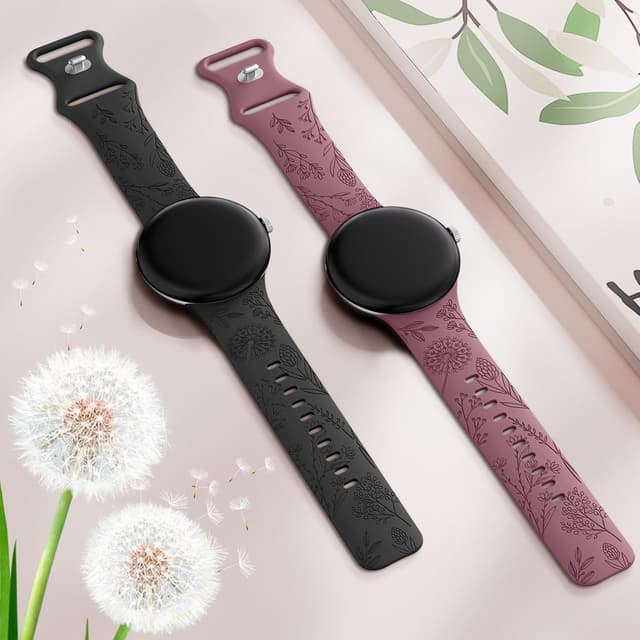 Detalle 2 de TOYOUTHS 2-Pack Floral Engraved Strap for Google Pixel Watch (41mm) – Black/Violet Smoke
