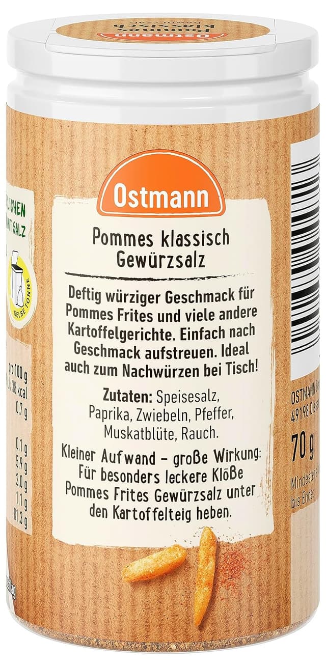 Detalle de Ostmann Gewürze Pommes Gewürzsalz klassisch – Pommesgewürz mit Salz, vegan, 4 x 70 g