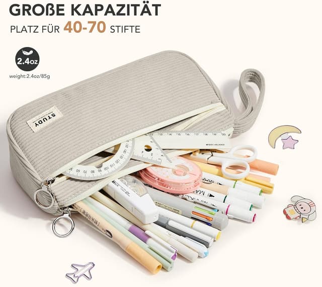 Detalle 2 de KALIDI Corduroy Large Pencil Case (21cm) with Hand Strap and 2 Compartments