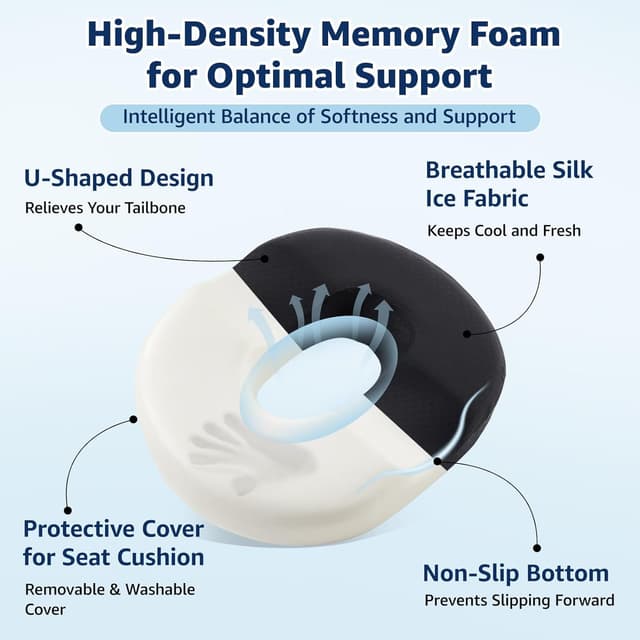 Detalle de BRO Donut Cushion for Haemorrhoids – ergonomic memory foam seat cushion with ice-silk cover