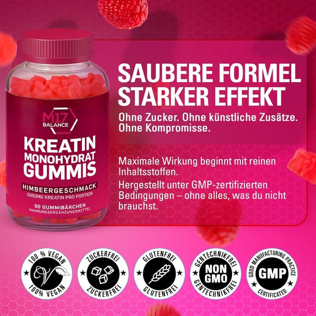 Detalle de Creatin Monohydrat Gummibärchen mit 5.000 mg pro Portion – zuckerfreie Kreatin-Gummis vegan & glutenfrei (30 Portionen, Himbeere)