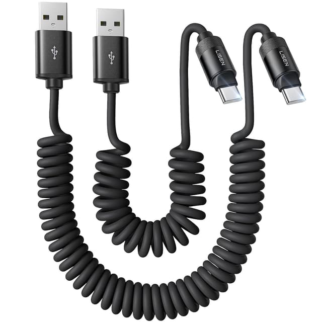 Detalle de LISEN Coiled USB-C Cable 2-Pack (USB A to USB C) for Android Auto & CarPlay — 4+6FT, Space Black