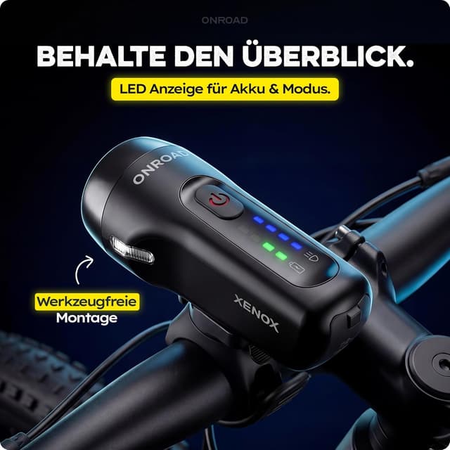 Detalle 2 de XENOX ONROAD Fahrradlicht vorne mit automatischer Lichtanpassung, 70 Lux und USB‑C