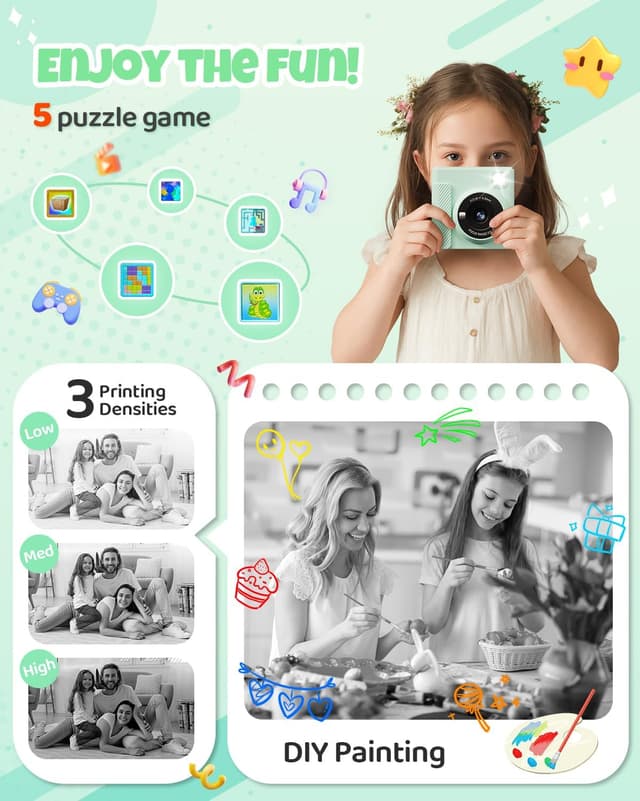 Detalle de TIATUA Kids Instant Print Camera (Green) — 1080P HD Video Digital Camera with Print Paper & 32G Card