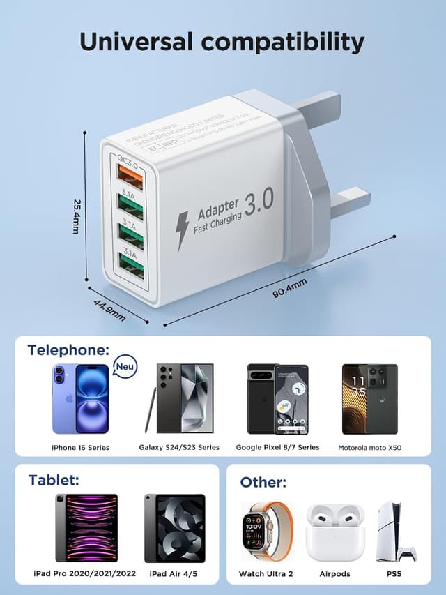 Detalle de USB Plug Charger 4-Port 33W Quick Charge 3.0 wall adapter (UK) for iPhone, Samsung and other USB-A devices