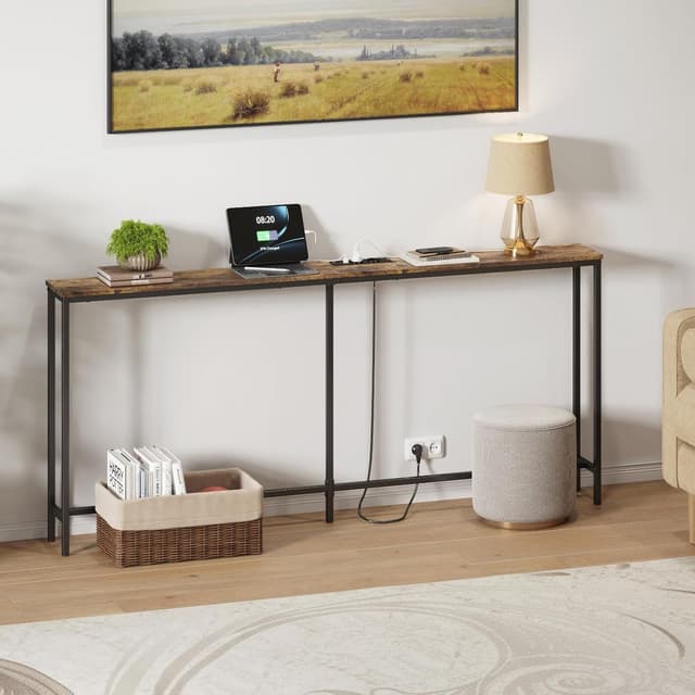 Detalle de Lifewit Consolle Stretta 180 cm con 2 prese e 2 porte USB, tavolo da divano 180x20x80 cm marrone rustico