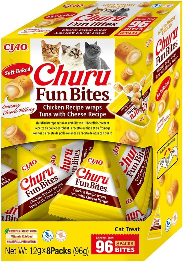 Detalle de INABA Churu Fun Bites Katzenleckerlies mit 35% Huhn & Thunfisch, ohne Getreide & ohne Zucker – 96 g