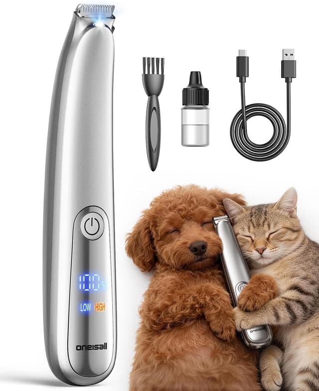 Detalle de oneisall Pfotentrimmer Extra Leise mit LED-Licht – Hunde- und Katzen-Trimmer für Pfoten, Ohren, Augen & mehr (Silber)