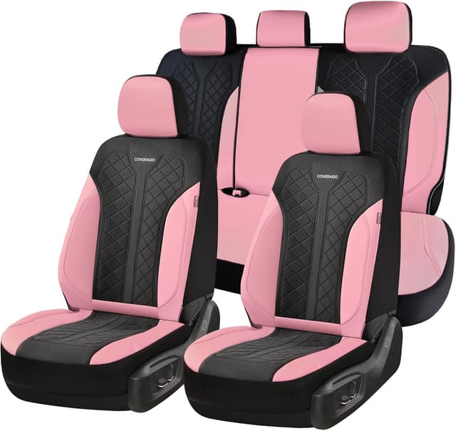 Detalle de Coverado Automotive Seat Covers Full Set with Leather-Style PU & Mesh Panels (Pink Driver Seat Protectors) — Universal Fit