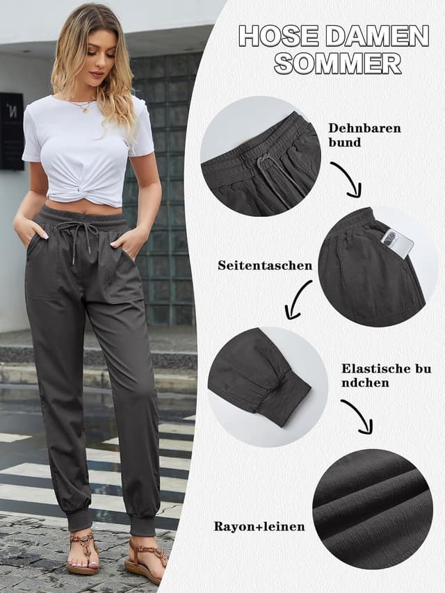 Detalle 2 de Damen Sommer Casual Hose aus Baumwolle/Leinen-Mix mit Stretch-Bund & Taschen (Straight Leg)