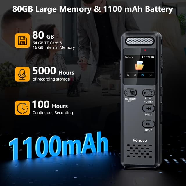 Detalle 2 de Ponovo Registratore Vocale 80GB (fino a 100 ore) con attivazione vocale e MIC esterno