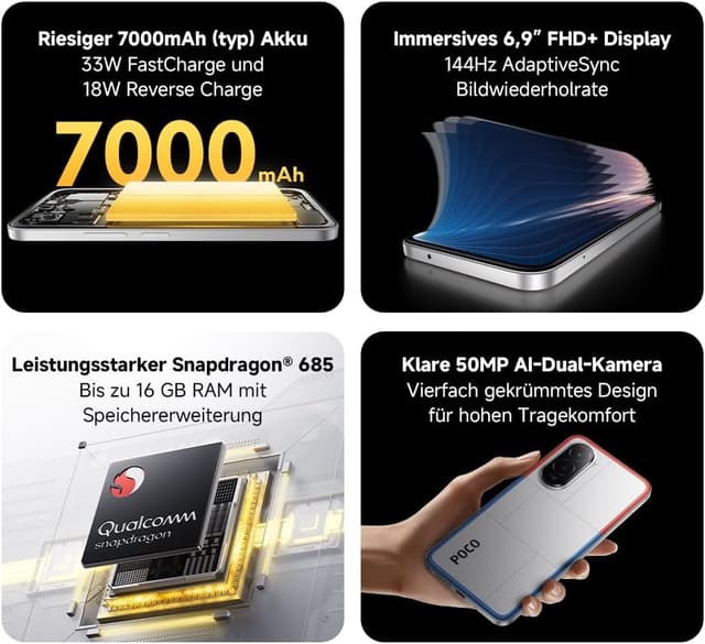 Detalle 2 de XIAOMI POCO M7 (8+256GB) – 6,9" FHD+ Display mit 144Hz, Snapdragon 685 und 7000mAh Akku in Silber
