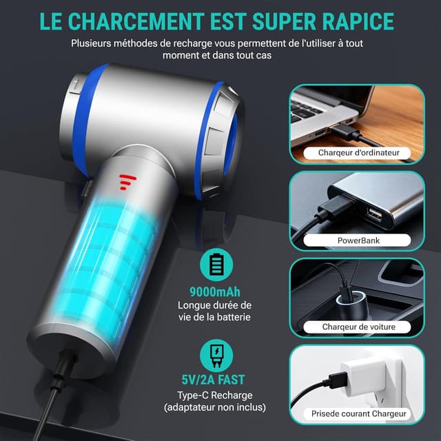 Detalle 2 de Aspirateur à main sans fil 25000 Pa / 120 W – mini aspirateur voiture avec moteur sans brosse et 3 vitesses