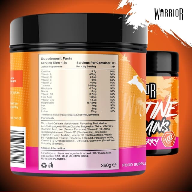 Detalle de Warrior Creatine Monohydrate + Vitamine (360 g, 80 Portionen) – mikronisiertes Kreatin & Multivitamin-Blend, vegan, Mixed Berry