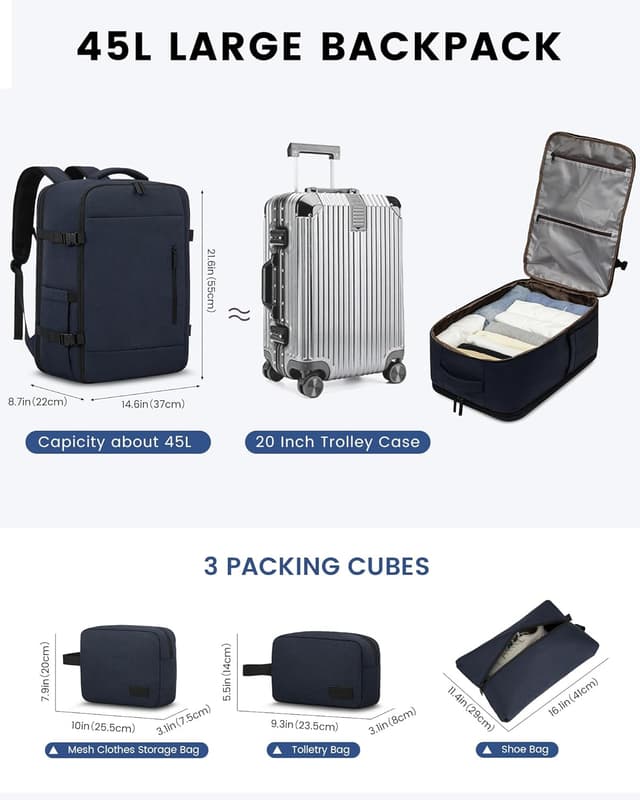 Detalle de LOVEVOOK 45L Reiserucksack Handgepäck (55 x 37 x 22 cm) mit 18-Zoll-Laptopfach, dunkelblau