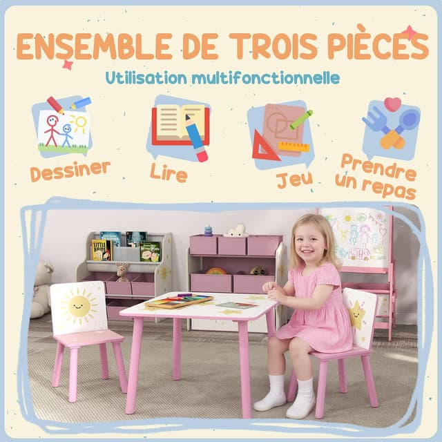 Detalle de AIYAPLAY Table enfant avec 2 chaises en bois (ensemble 3 pièces) motifs d’étoiles, rose, 3 à 8 ans