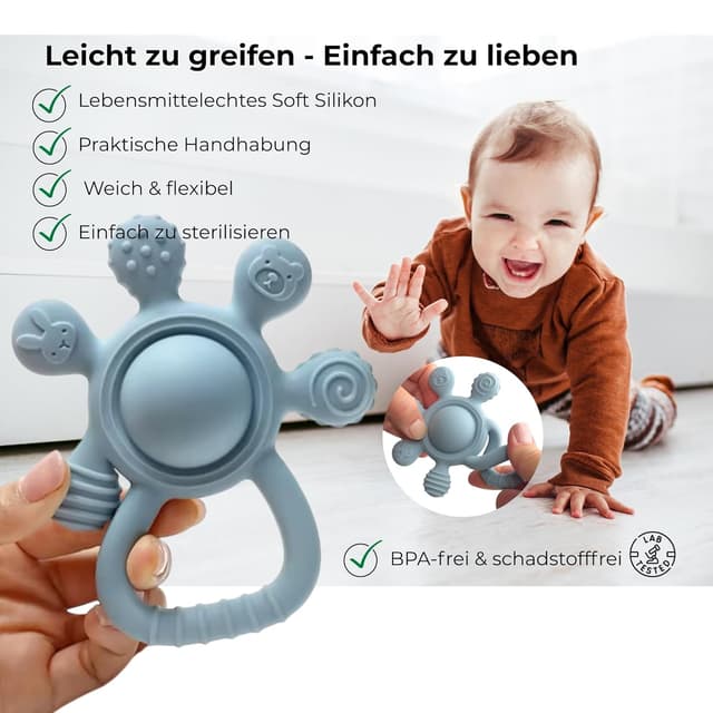 Thumbnail 6 de Traummkind Beißring Baby mit Rassel & Clip – BPA-freies Silikon-Greifling zur Zahnung ab 3 Monaten
