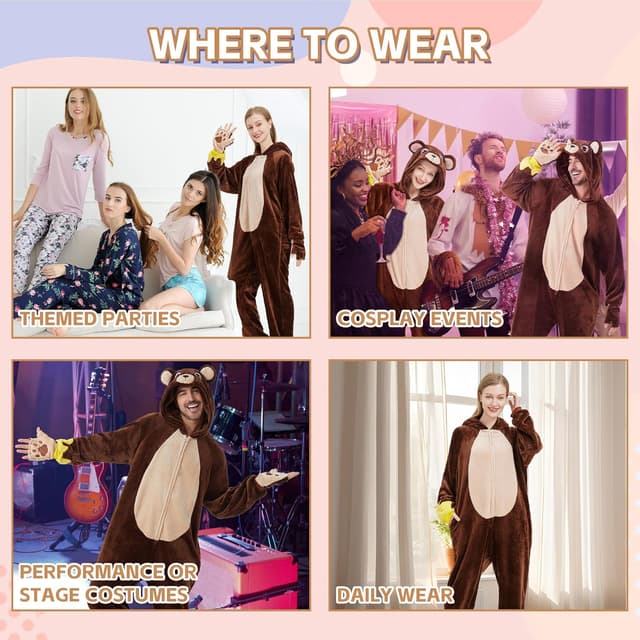 Thumbnail 6 de Costume onesie adulte Ezuwail en forme d’ours, avec capuche et fermeture éclair dissimulée