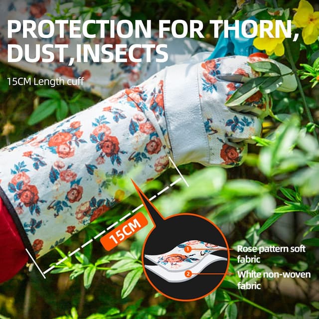 Detalle de Vgo… Guanti da giardinaggio donna antispine in pelle di capra antiscivolo, maniche lunghe (Taglia 7/S) – 1 paio