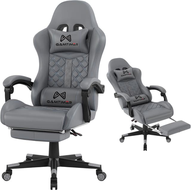 Detalle de Gamtimer Gaming Chair (Grey) — High-Back Office Chair With Footrest, Lumbar Support & 400 lbs Weight Capacity