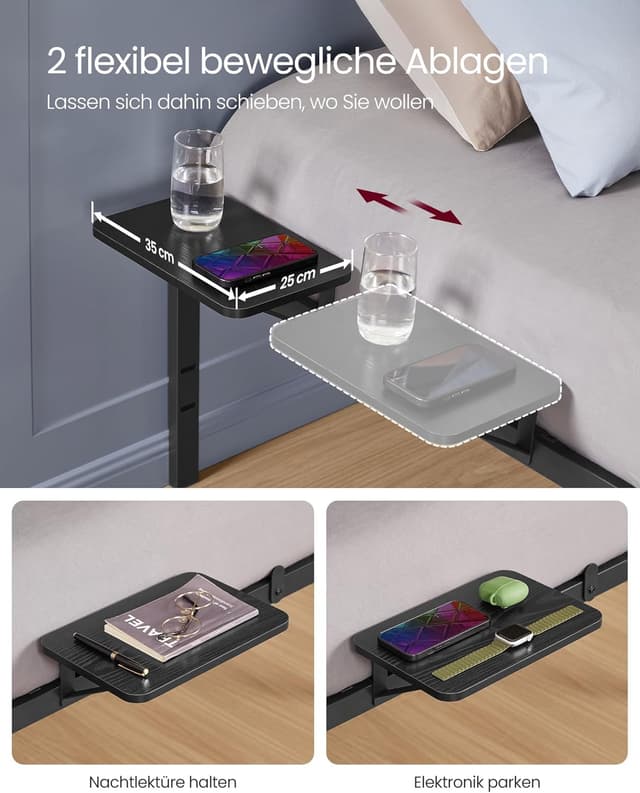 Detalle 2 de VASAGLE Bett 140 x 200 cm (RMB094B01) mit Aufbewahrungsregalen – Metall-Bettrahmen für Gäste & Doppelbett