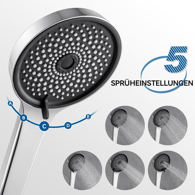 Detalle 2 de Auralum Duschstange mit Brause Komplettset aus Edelstahl (5 Strahlarten, 700 mm Stange, 1500 mm Schlauch)