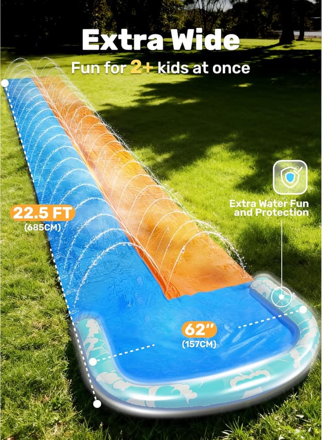 Detalle de JOYIN 685cm Lawn Water Slide with Built-in Sprinkler and 2 Bodyboards (22.5ft Waves Double + Triple)