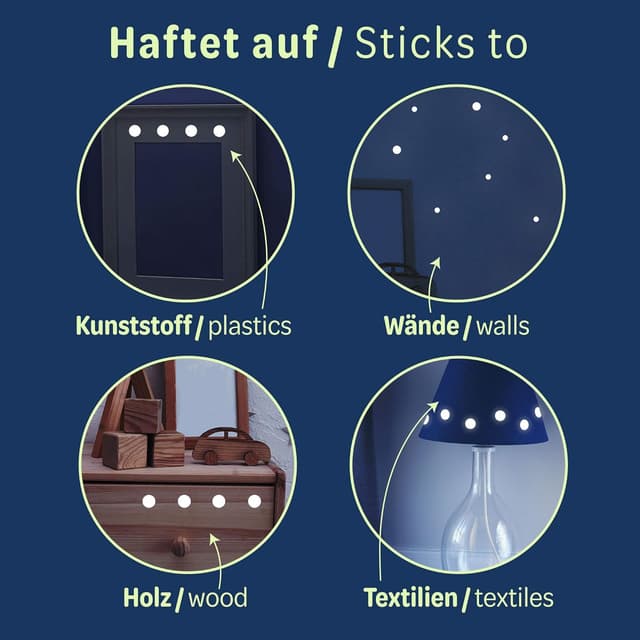 Detalle 2 de Paraboo Leuchtpunkte (524 Stück) – fluoreszierende Leuchtsticker für Kinderzimmer und Sternenhimmel