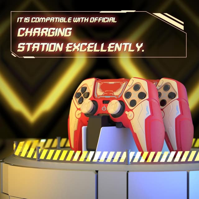 Detalle de playvital Silicone Cover Skin for PS5 Edge Controller – Mecha anti-slip grip protector (Crimson Red & Iron Yellow)
