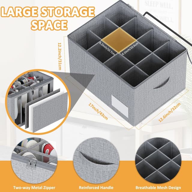 Detalle 2 de WANGIRL Fabric Shoe Storage Box (Grey) – Foldable organiser for 12 pairs with clear zip lids