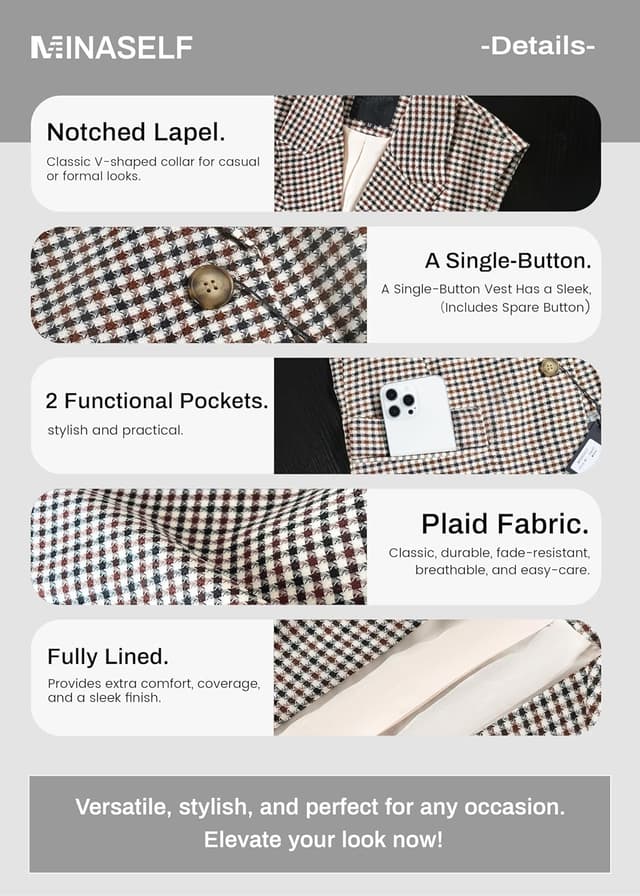 Detalle de Mina Self 2026 Summer Women’s Sleeveless Vest Top — Lightweight Fully Lined Blazer Style with Pockets