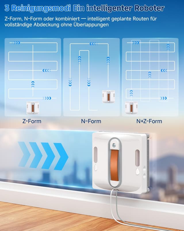Detalle 2 de Fensterputzroboter 6500 Pa mit 2-Fach-Sprühsystem, KI-Routenplanung & Randerkennung für Innen- und Außenfenster