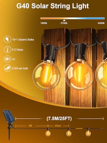 Detalle de ARKOCHIC guirnalda de luces exterior solar 7.5 m con 10+1 bombillas G40 LED y USB-C