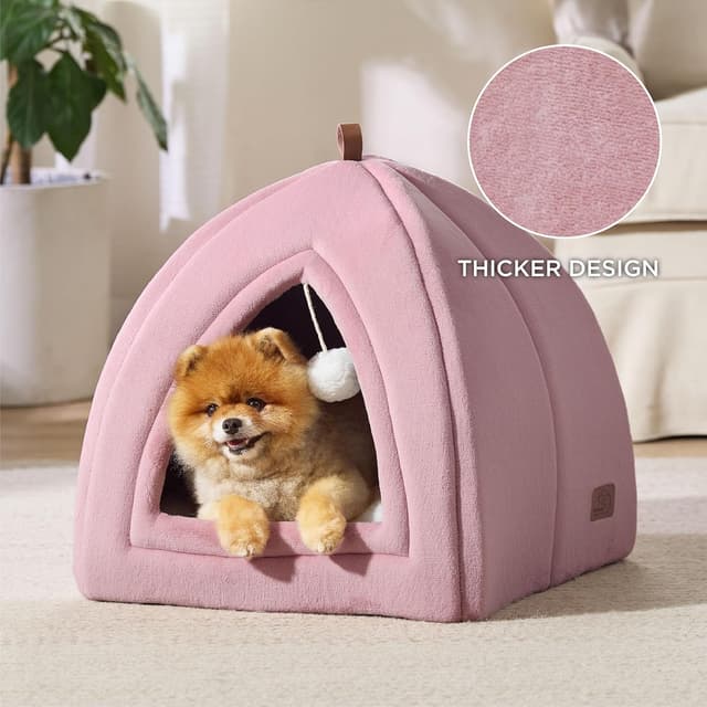 Detalle 2 de Bedsure Cat Cave Bed Indoor (Large) Flannel Hooded Igloo House with Removable Cushion & Toy Ball – Pink, 44x44x44cm
