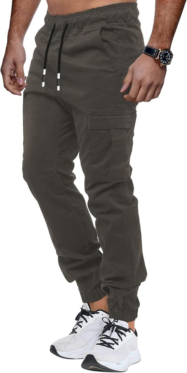 Detalle de Pantalon cargo homme KUNJLELP en coton 100 % : slim casual, poches multiples et cordon de serrage