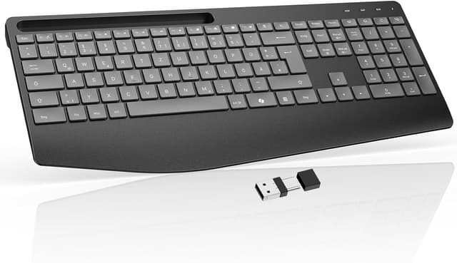 Detalle de OMOTON kabellose Tastatur mit Handballenauflage (2,4 GHz, QWERTZ) – wiederaufladbar, leise, mit 7 Farben Hintergrundbeleuchtung