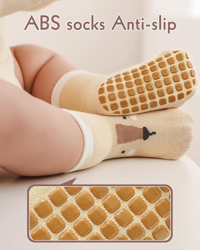 Detalle de Kyopp 5/10 Paar Baby-Socken mit ABS-Noppen und Tiermotiven (Crew Socks, Baumwolle)