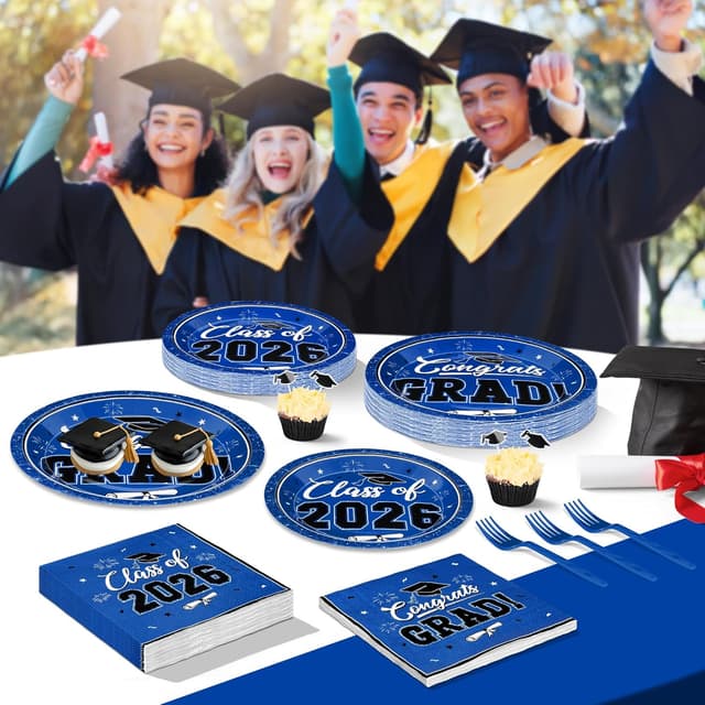 Thumbnail 6 de 200-Piece 2026 Graduation Decorations Set (Blue Plates, Napkins & Forks) for 50 Guests