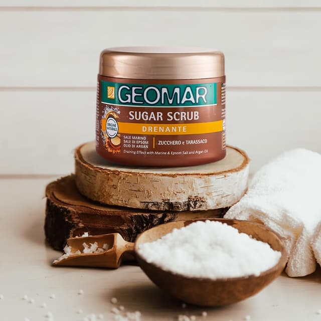 Detalle 2 de GEOMAR Sugar Scrub Corpo Drenante con Sale Marino, Sale di Epsom e Olio di Argan – 600 g