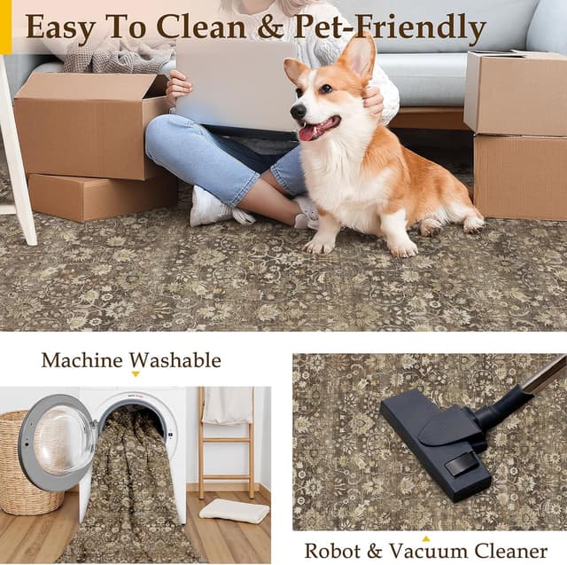 Thumbnail 6 de PureCozy Vintage Area Rug, Extra Large 240x300 cm, Machine Washable Brown (Non-Slip, Low Pile)